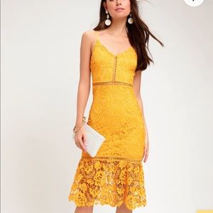 Lulu’s Golden Yellow Lace Midi Dress